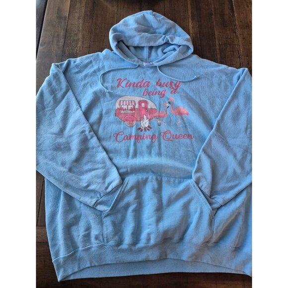 Kinda Busy Being A Camping Queen Hoodie 3XL Blue With Pink Graphics - Picture 1 of 5